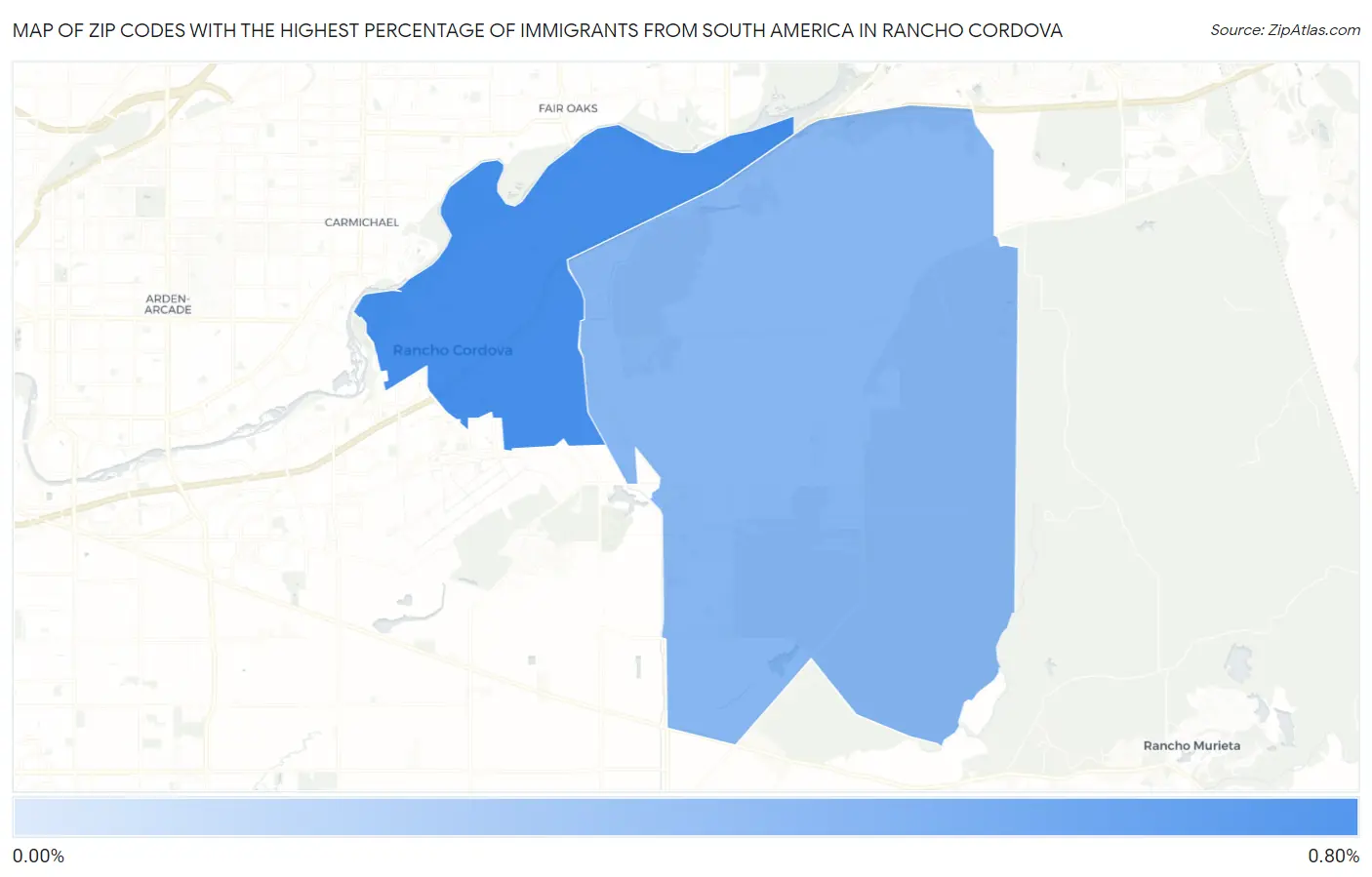 Zip Codes with the Highest Percentage of Immigrants from South America in Rancho Cordova Map