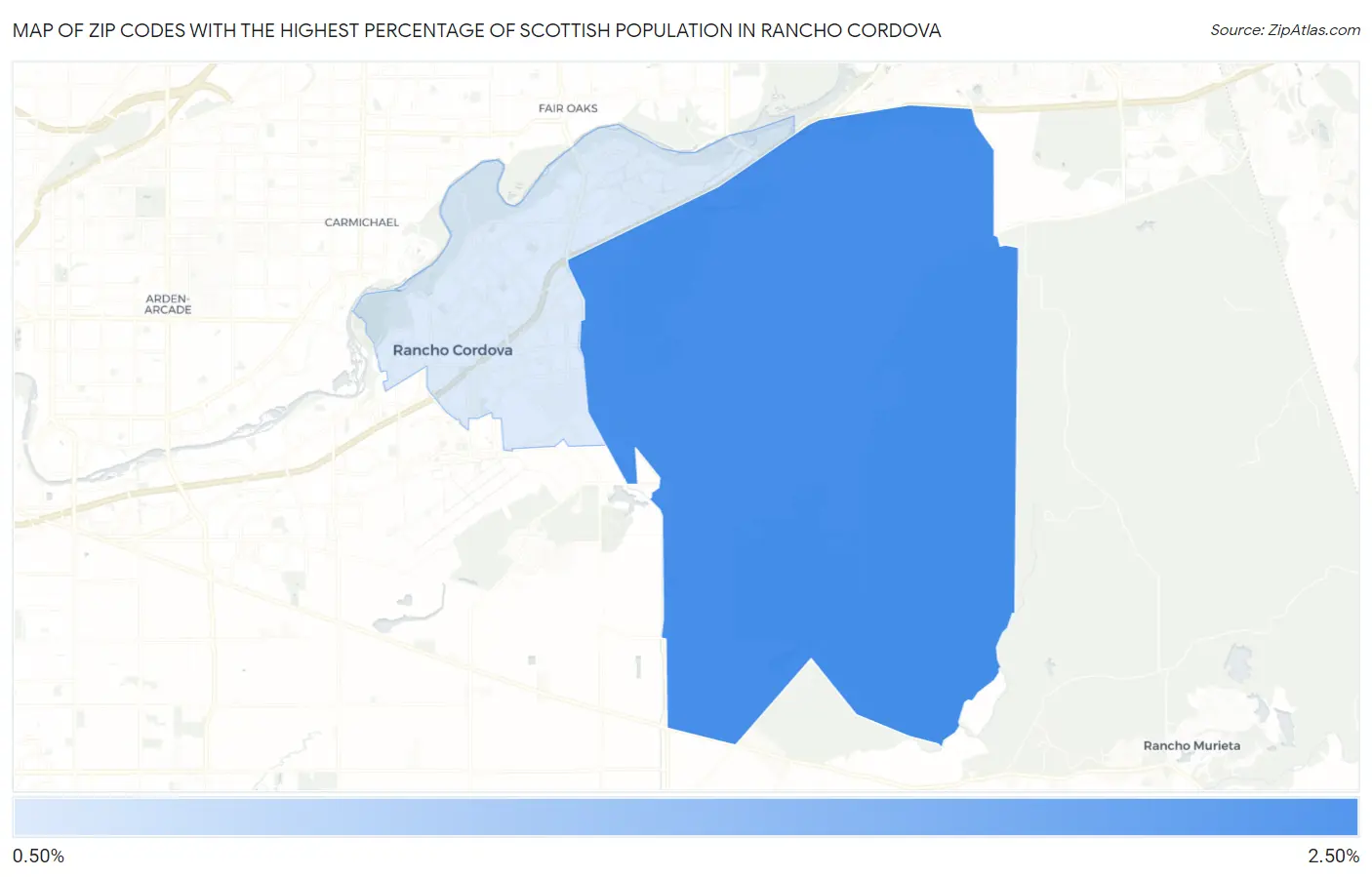 Zip Codes with the Highest Percentage of Scottish Population in Rancho Cordova Map