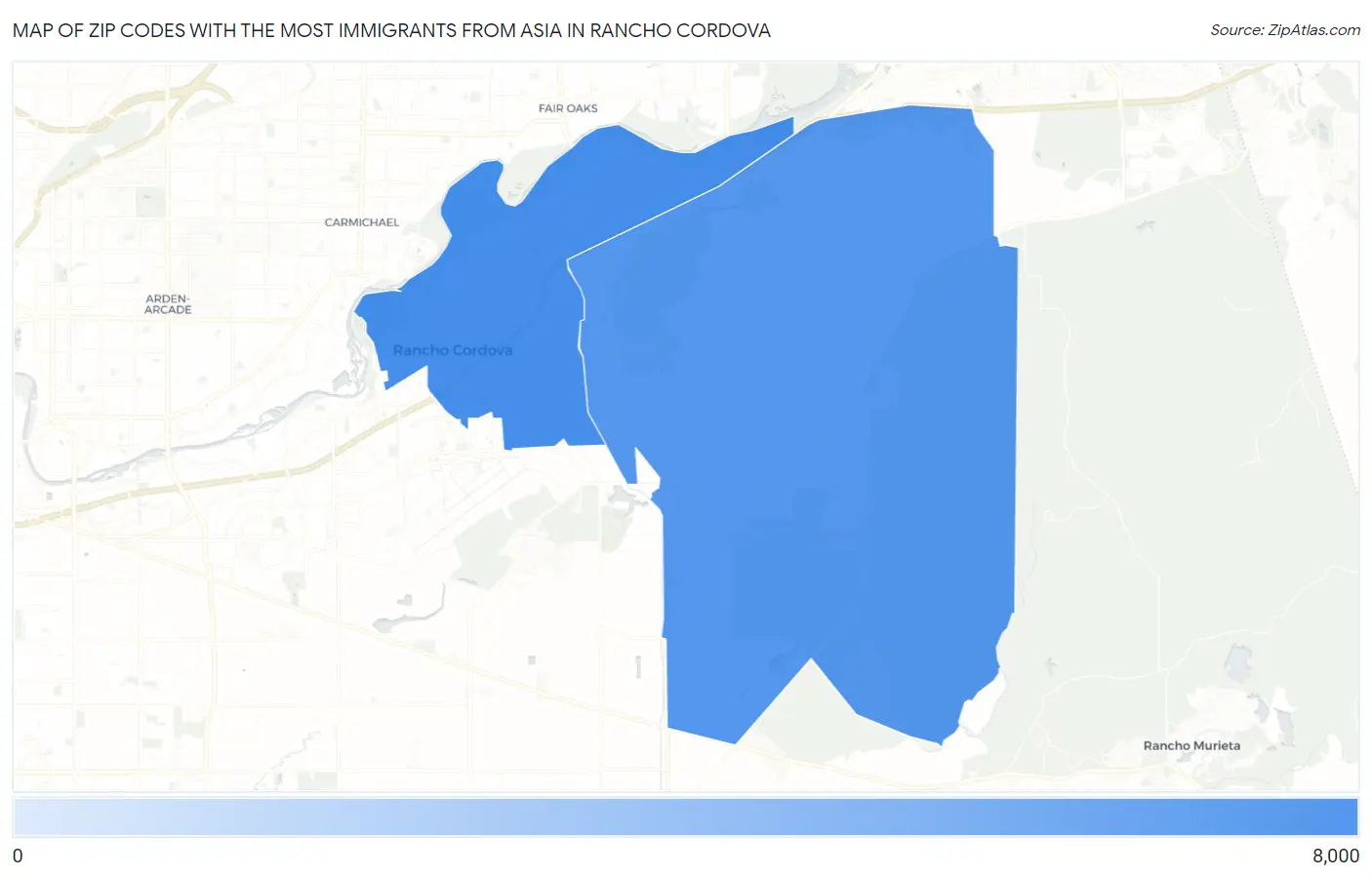 Zip Codes with the Most Immigrants from Asia in Rancho Cordova Map
