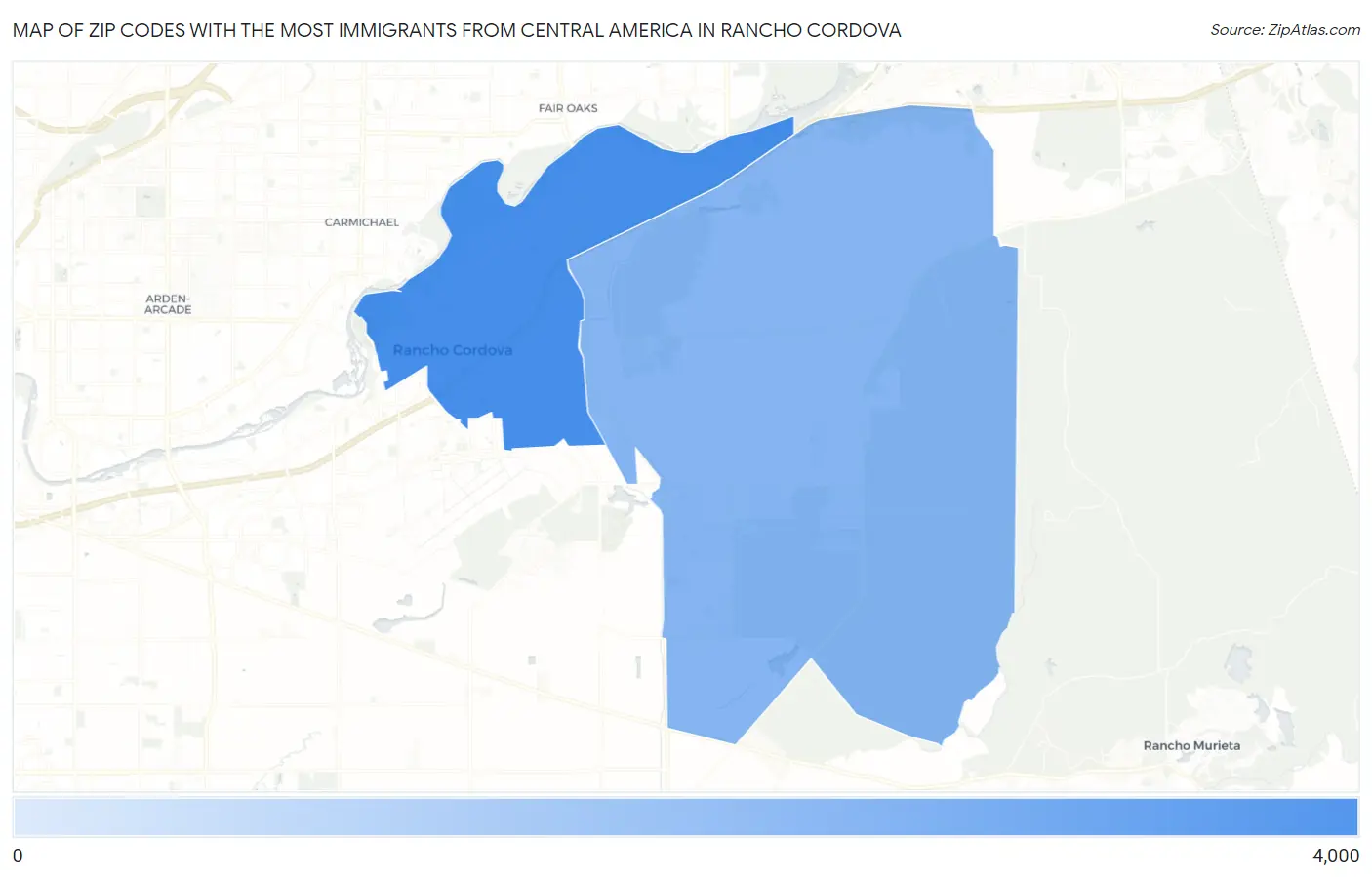 Zip Codes with the Most Immigrants from Central America in Rancho Cordova Map