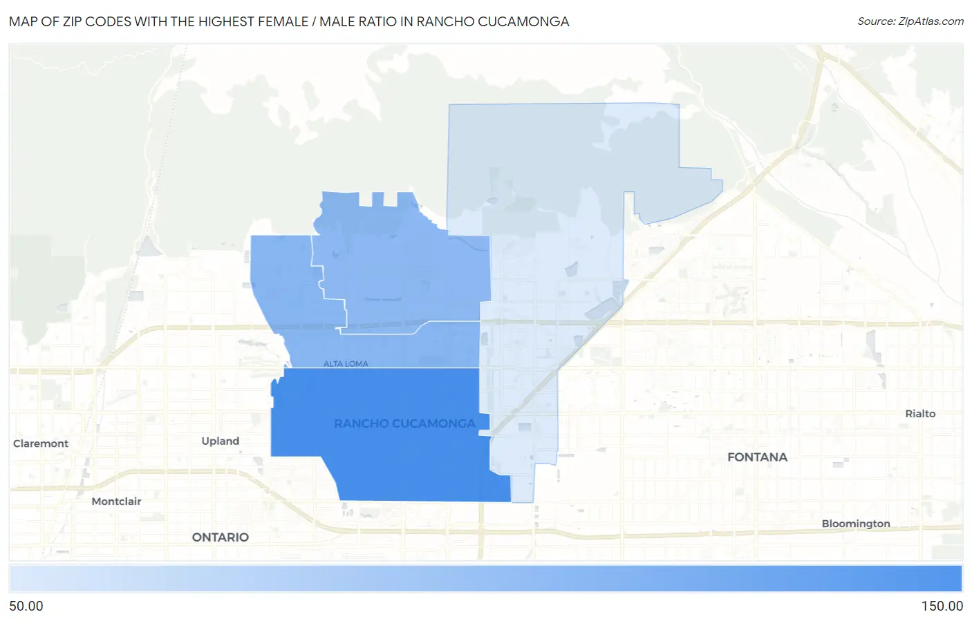 Zip Codes with the Highest Female / Male Ratio in Rancho Cucamonga Map