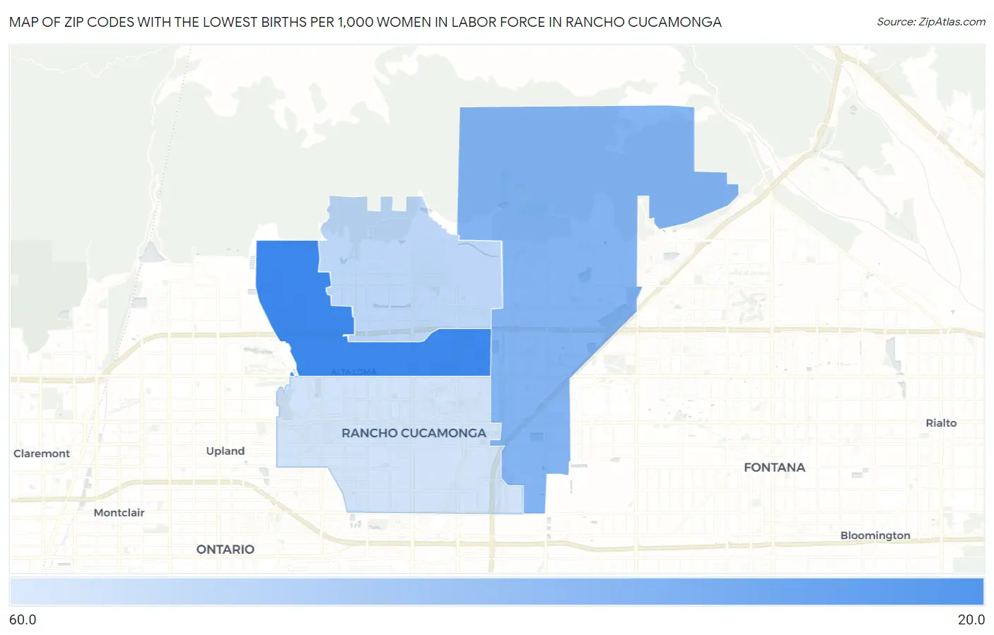 Zip Codes with the Lowest Births per 1,000 Women in Labor Force in Rancho Cucamonga Map