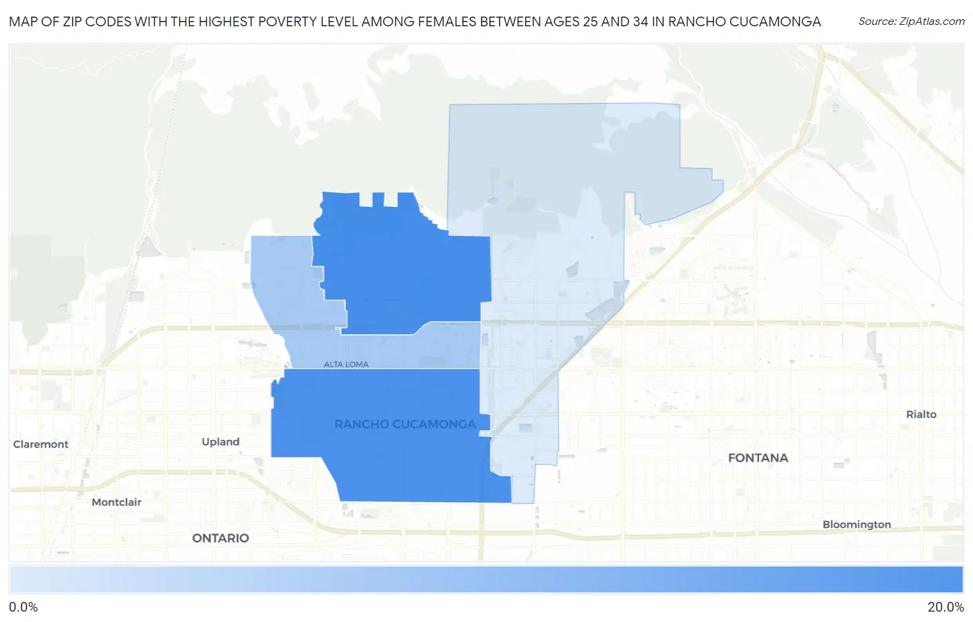 Zip Codes with the Highest Poverty Level Among Females Between Ages 25 and 34 in Rancho Cucamonga Map