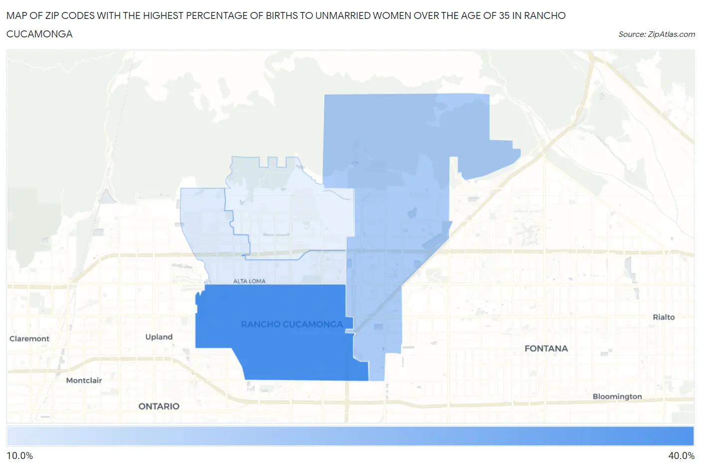 Zip Codes with the Highest Percentage of Births to Unmarried Women over the Age of 35 in Rancho Cucamonga Map