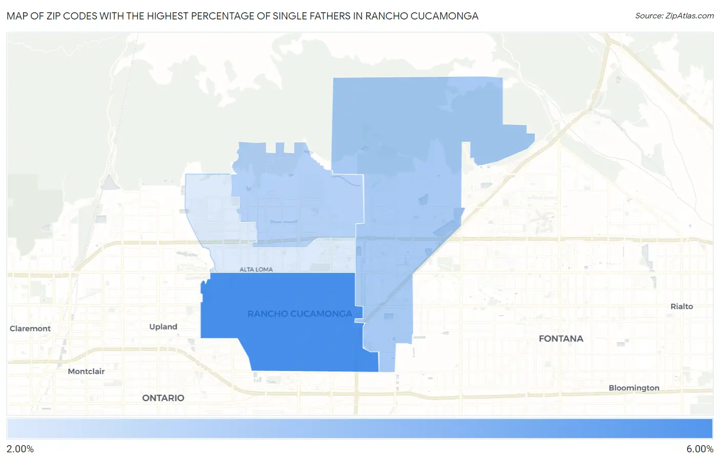 Zip Codes with the Highest Percentage of Single Fathers in Rancho Cucamonga Map