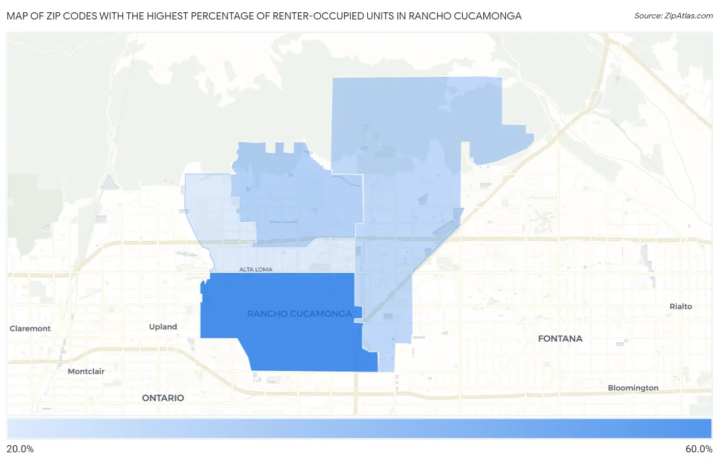 Zip Codes with the Highest Percentage of Renter-Occupied Units in Rancho Cucamonga Map