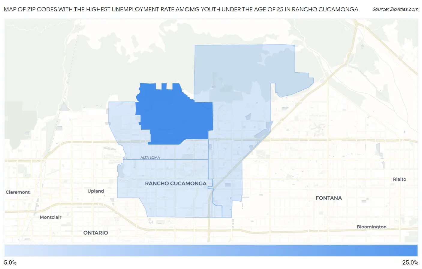 Zip Codes with the Highest Unemployment Rate Amomg Youth Under the Age of 25 in Rancho Cucamonga Map