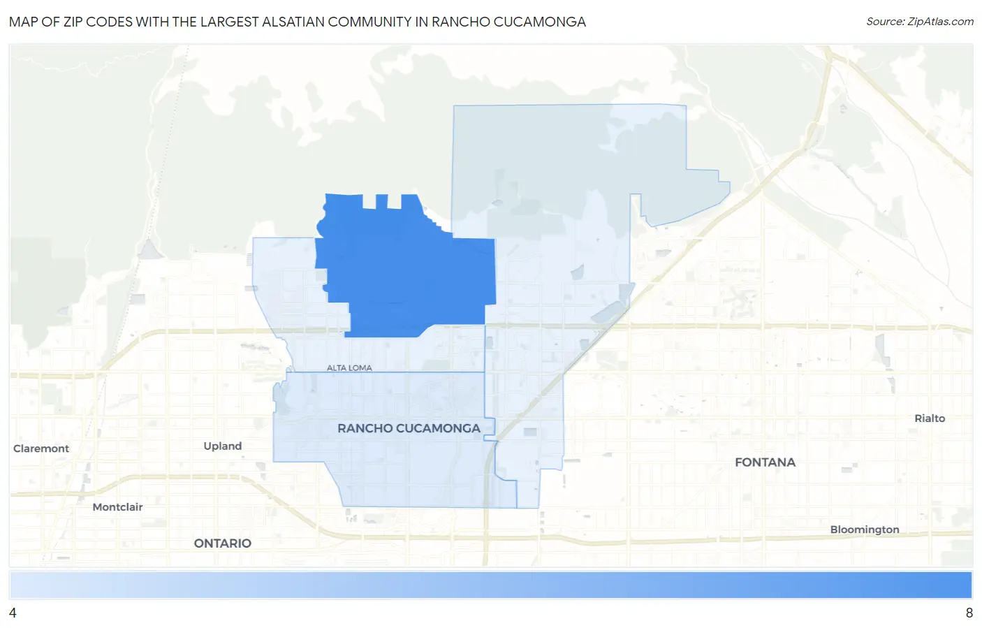 Zip Codes with the Largest Alsatian Community in Rancho Cucamonga Map