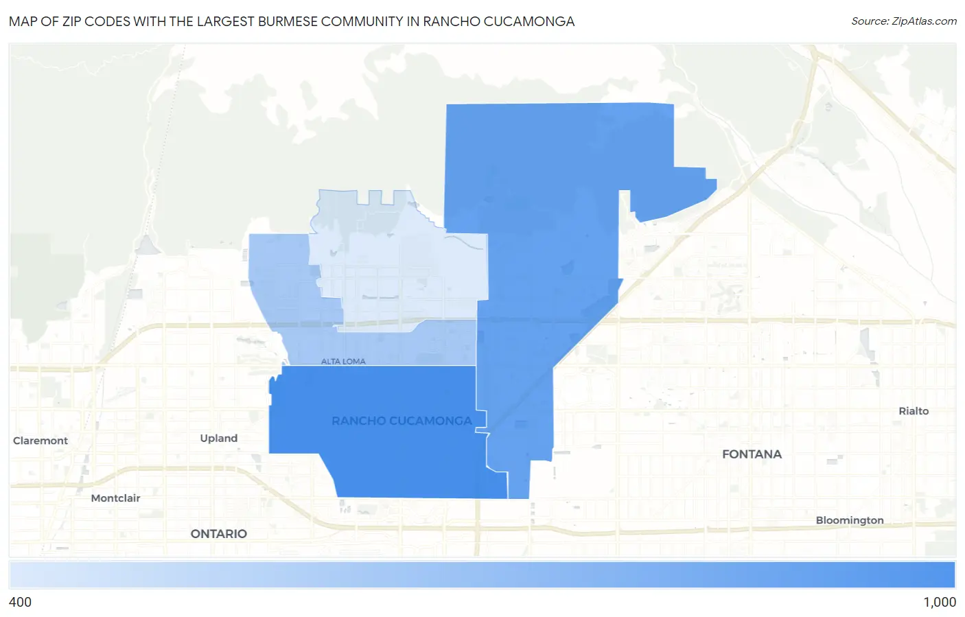 Zip Codes with the Largest Burmese Community in Rancho Cucamonga Map