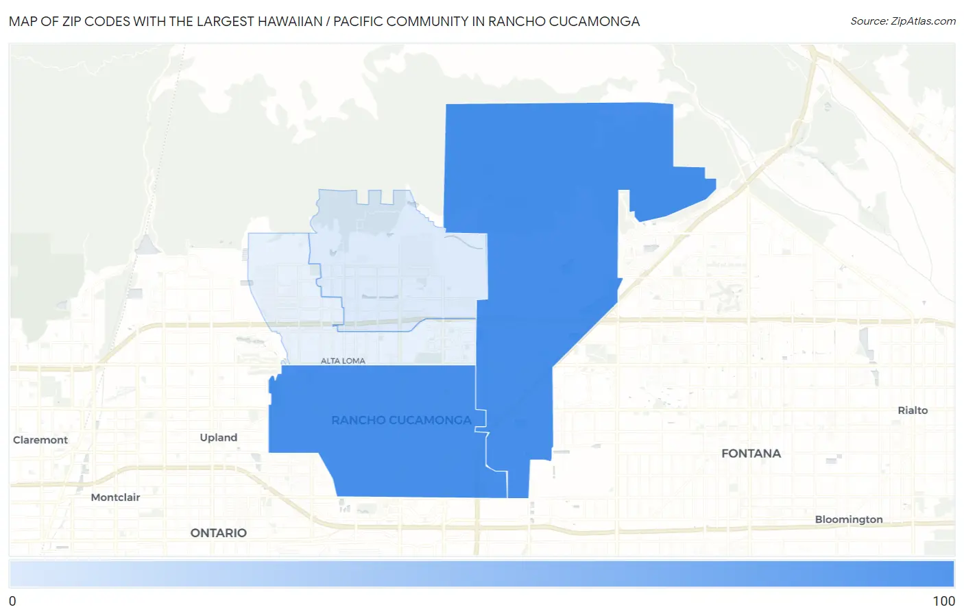 Zip Codes with the Largest Hawaiian / Pacific Community in Rancho Cucamonga Map