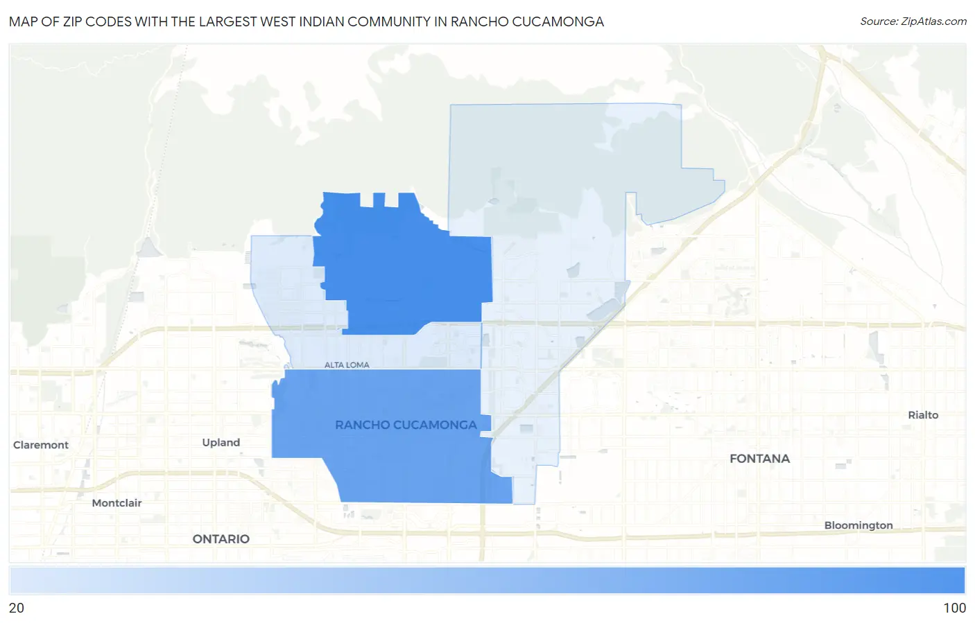 Zip Codes with the Largest West Indian Community in Rancho Cucamonga Map