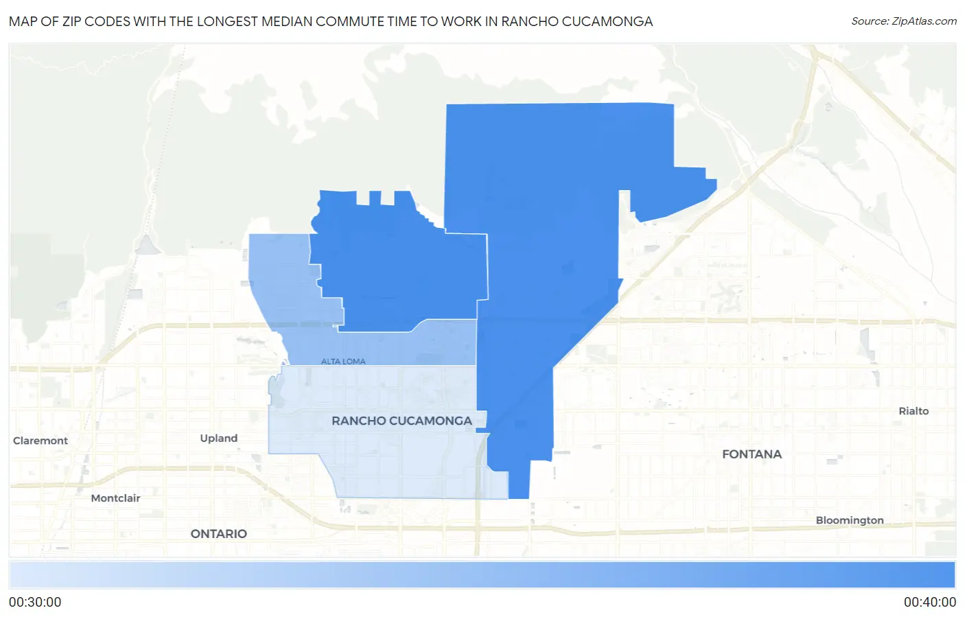 Zip Codes with the Longest Median Commute Time to Work in Rancho Cucamonga Map
