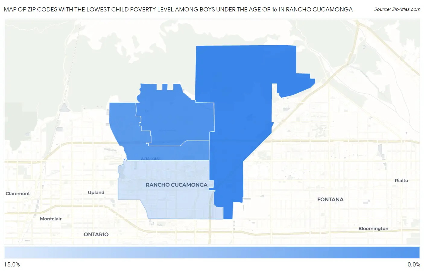 Zip Codes with the Lowest Child Poverty Level Among Boys Under the Age of 16 in Rancho Cucamonga Map