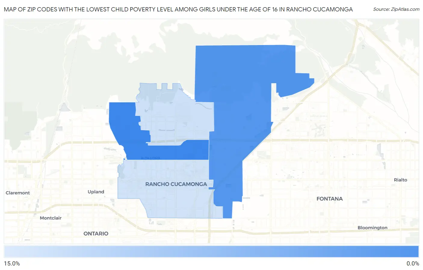 Zip Codes with the Lowest Child Poverty Level Among Girls Under the Age of 16 in Rancho Cucamonga Map