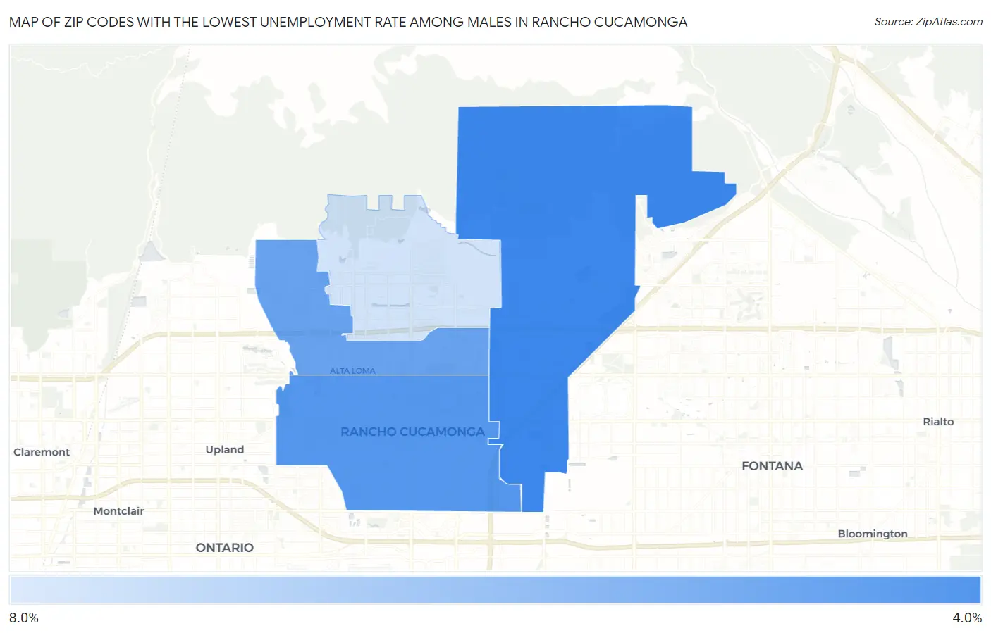Zip Codes with the Lowest Unemployment Rate Among Males in Rancho Cucamonga Map