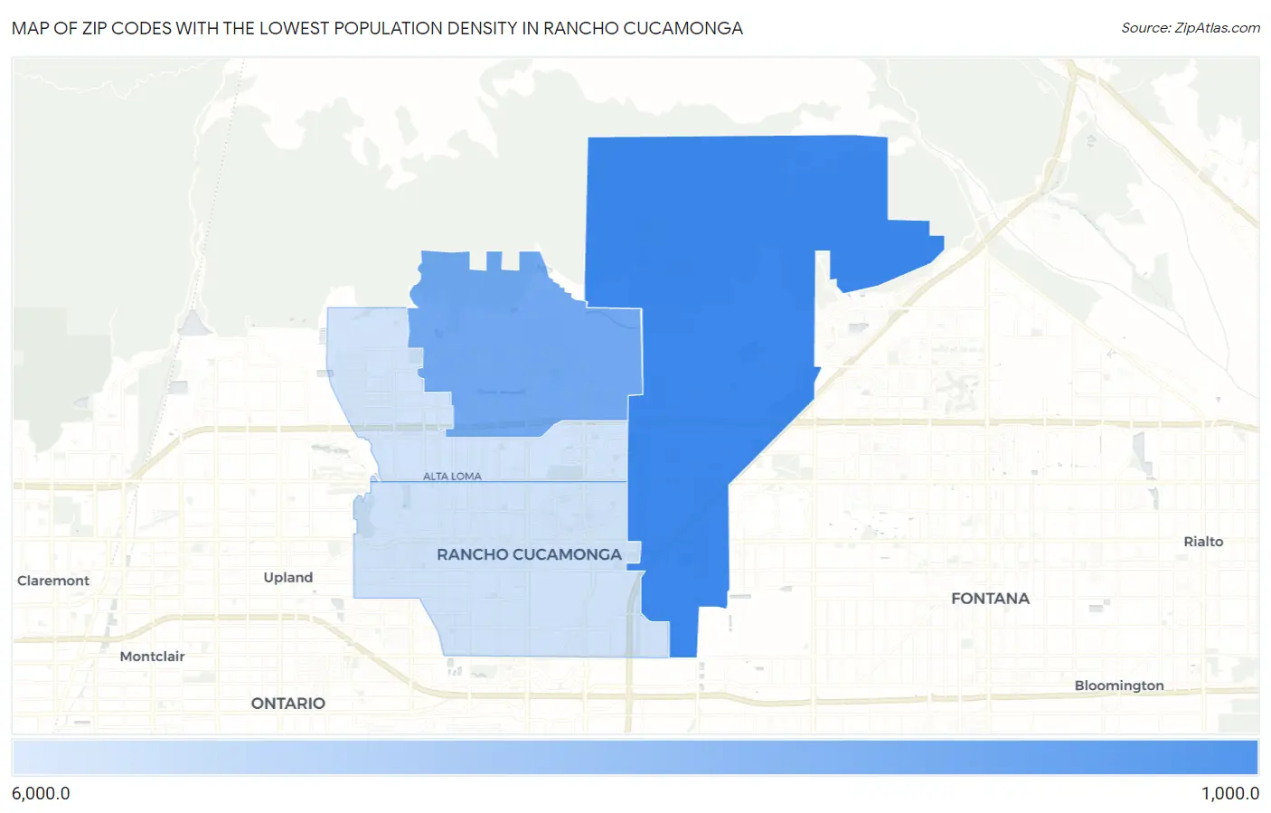 Zip Codes with the Lowest Population Density in Rancho Cucamonga Map