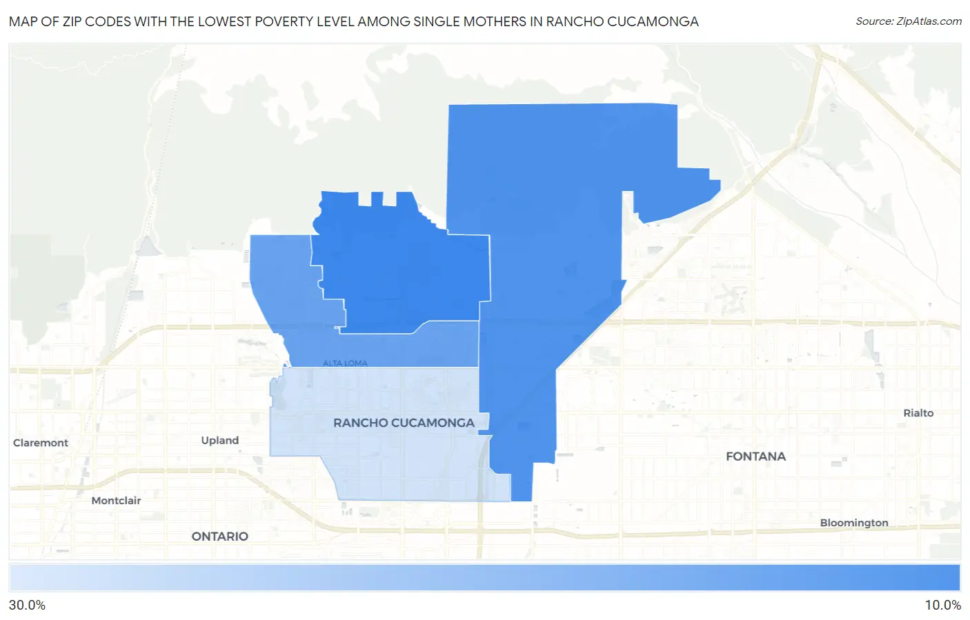 Zip Codes with the Lowest Poverty Level Among Single Mothers in Rancho Cucamonga Map