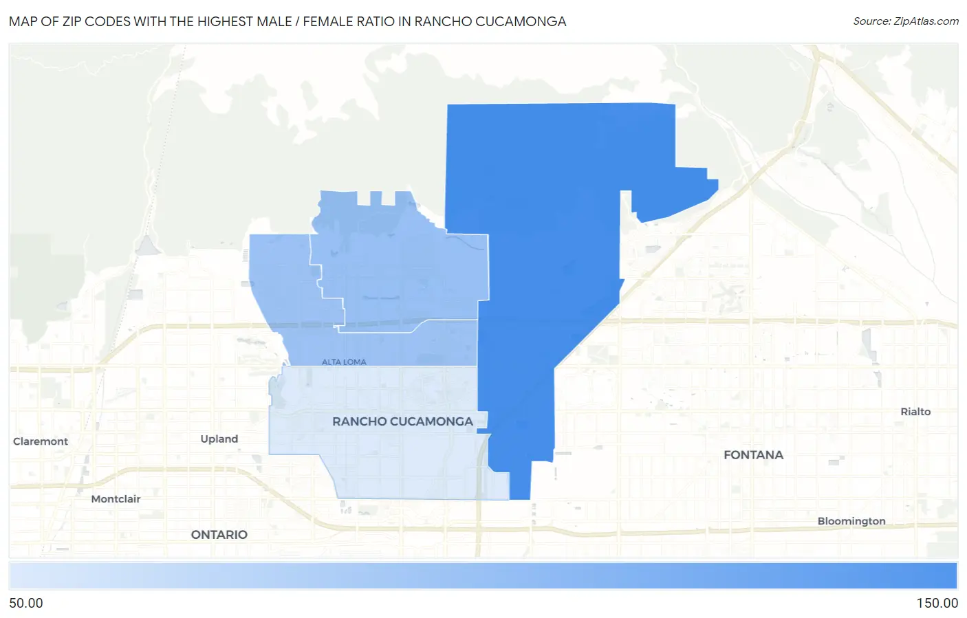 Zip Codes with the Highest Male / Female Ratio in Rancho Cucamonga Map