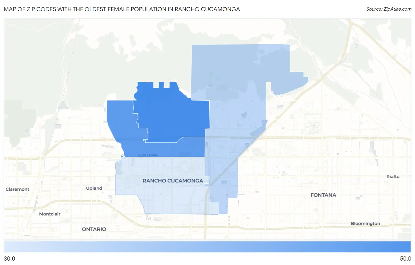 Zip Codes with the Oldest Female Population in Rancho Cucamonga Map