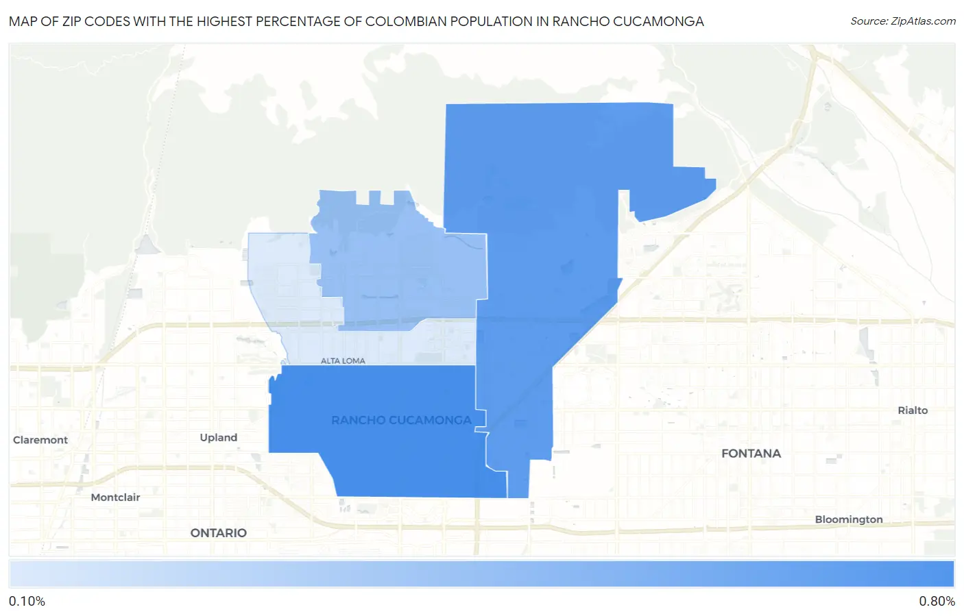 Zip Codes with the Highest Percentage of Colombian Population in Rancho Cucamonga Map