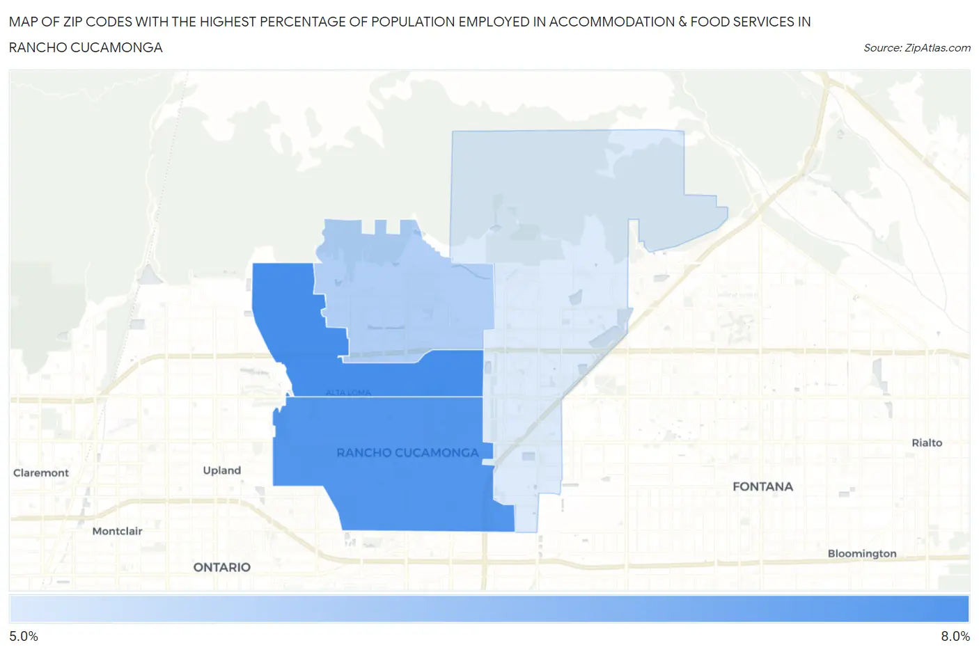 Zip Codes with the Highest Percentage of Population Employed in Accommodation & Food Services in Rancho Cucamonga Map