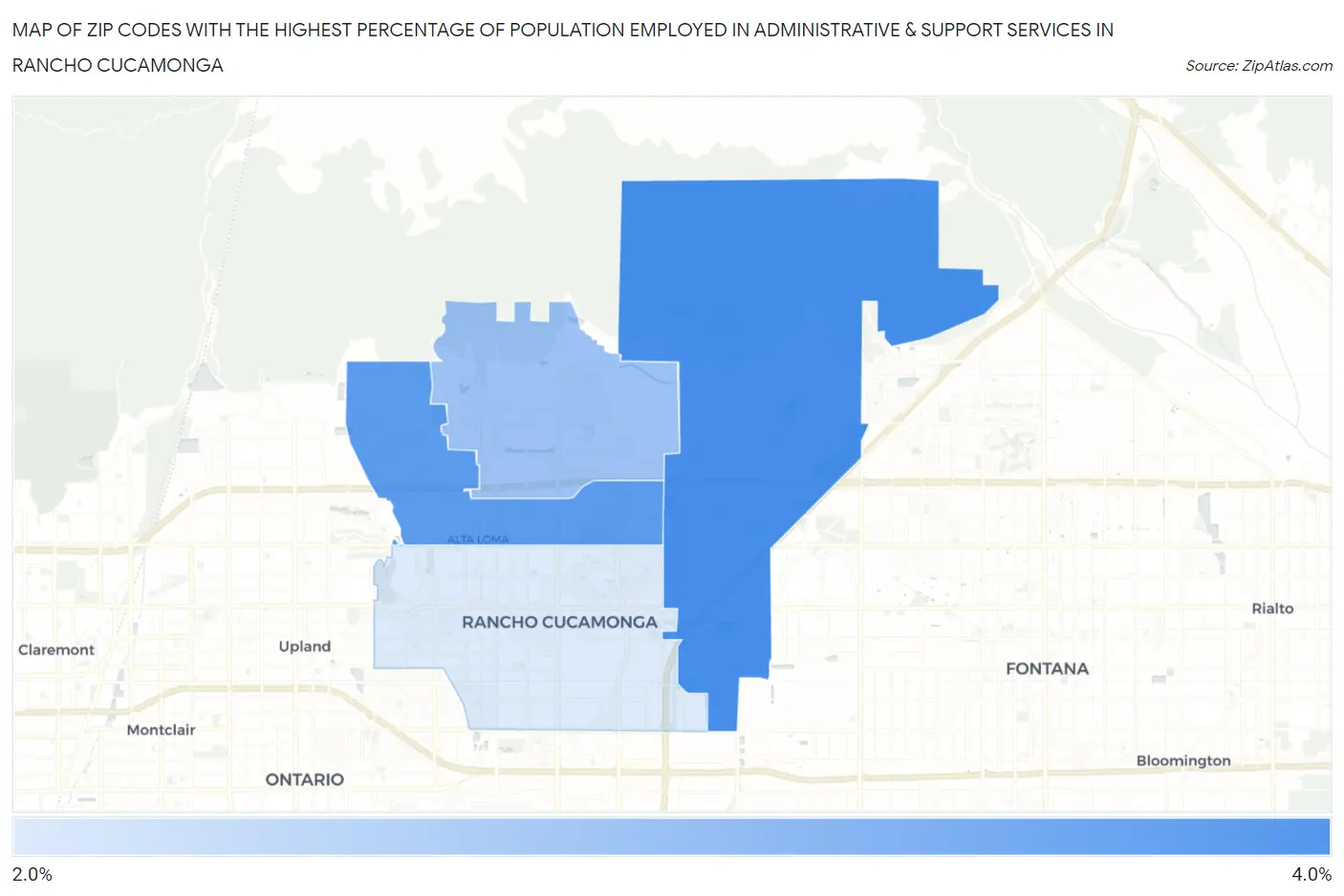 Zip Codes with the Highest Percentage of Population Employed in Administrative & Support Services in Rancho Cucamonga Map