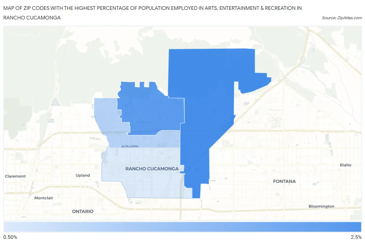 Zip Codes with the Highest Percentage of Population Employed in Arts, Entertainment & Recreation in Rancho Cucamonga Map
