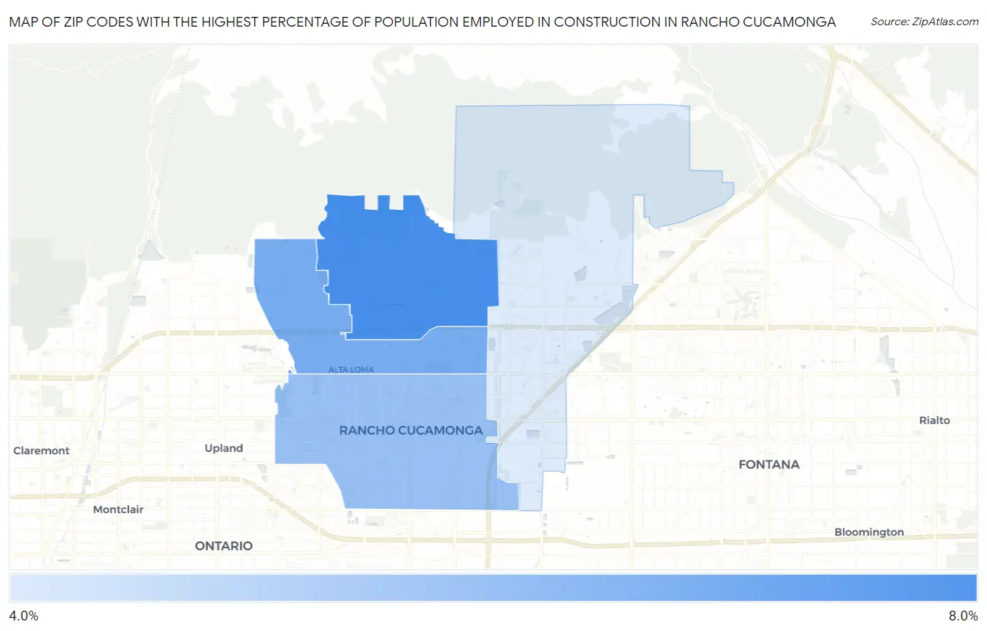 Zip Codes with the Highest Percentage of Population Employed in Construction in Rancho Cucamonga Map