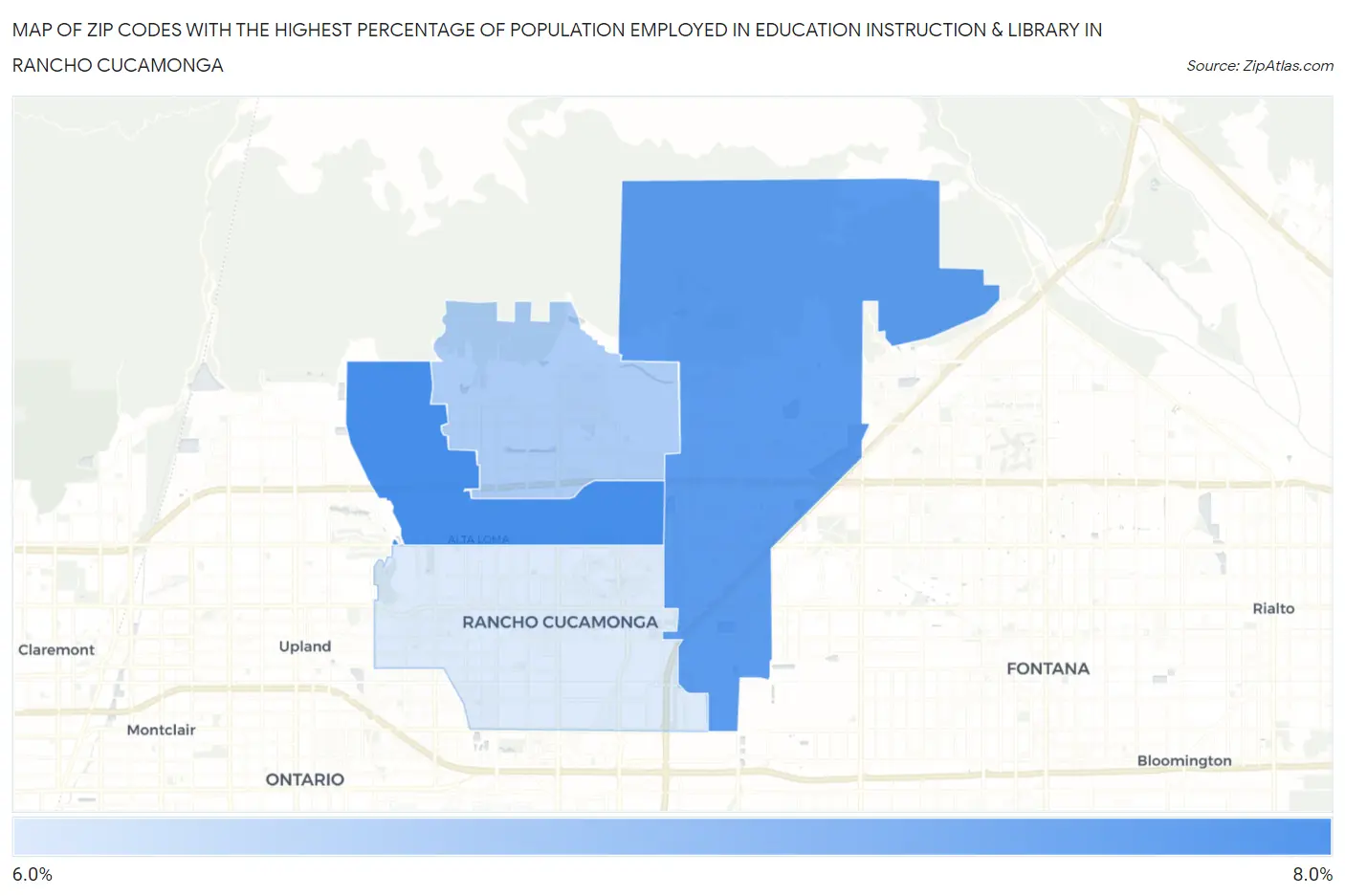 Zip Codes with the Highest Percentage of Population Employed in Education Instruction & Library in Rancho Cucamonga Map