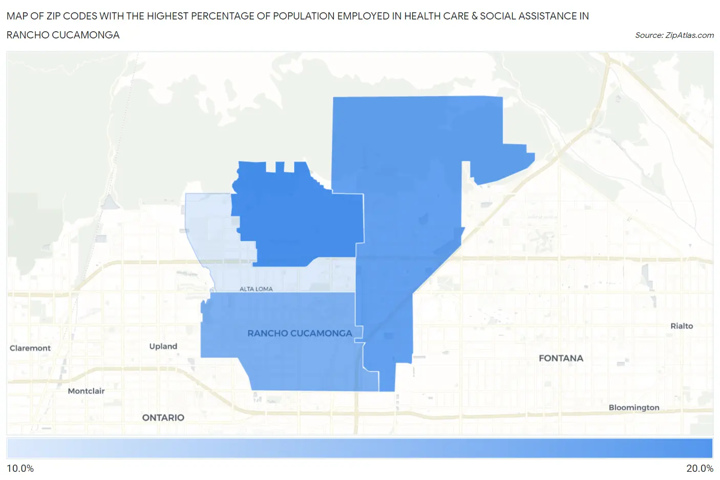 Zip Codes with the Highest Percentage of Population Employed in Health Care & Social Assistance in Rancho Cucamonga Map