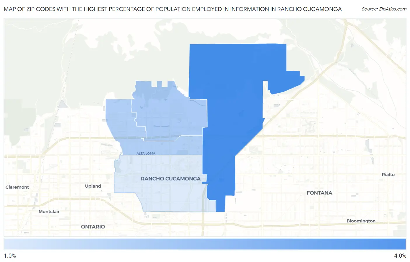 Zip Codes with the Highest Percentage of Population Employed in Information in Rancho Cucamonga Map