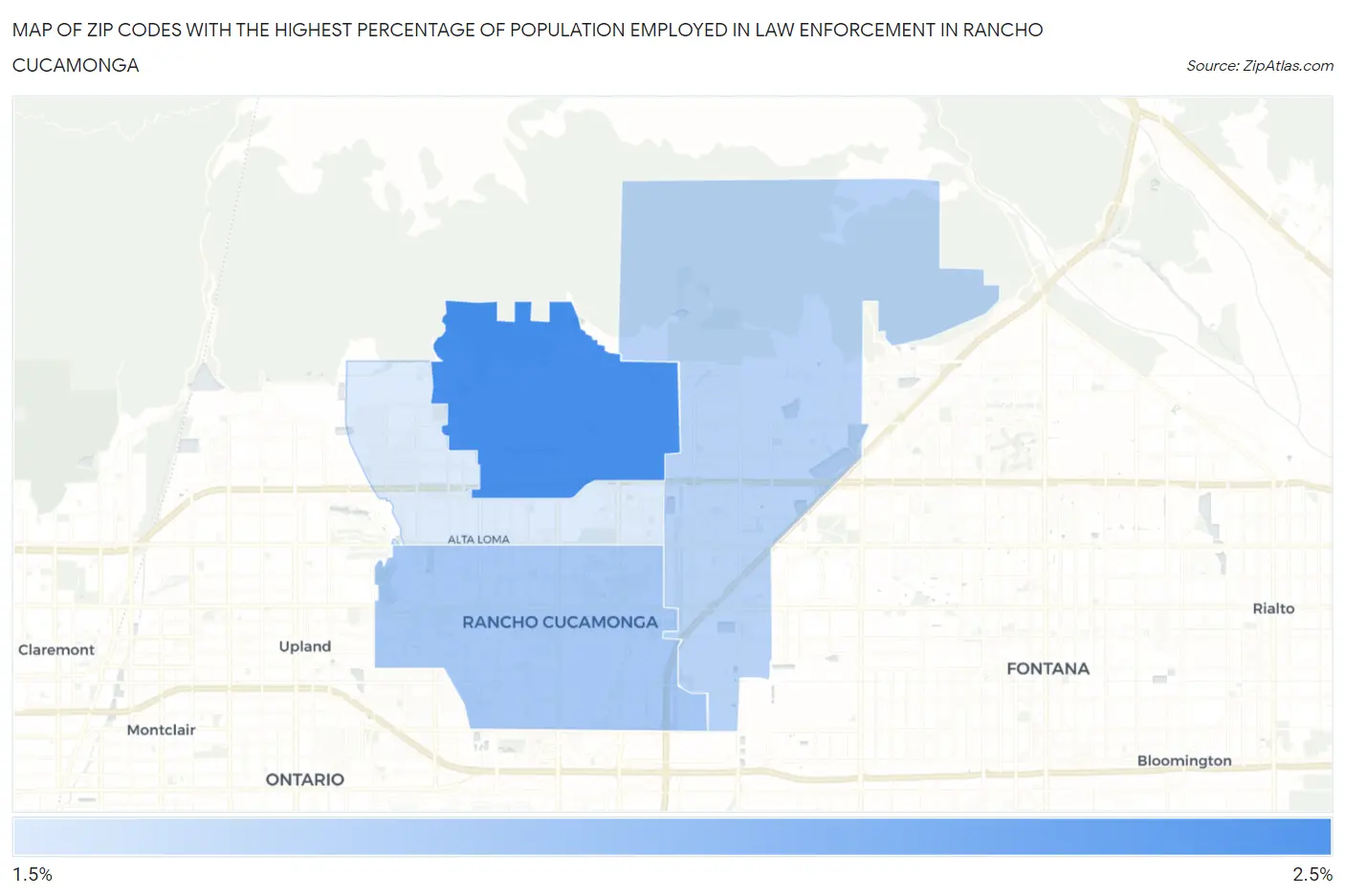 Zip Codes with the Highest Percentage of Population Employed in Law Enforcement in Rancho Cucamonga Map