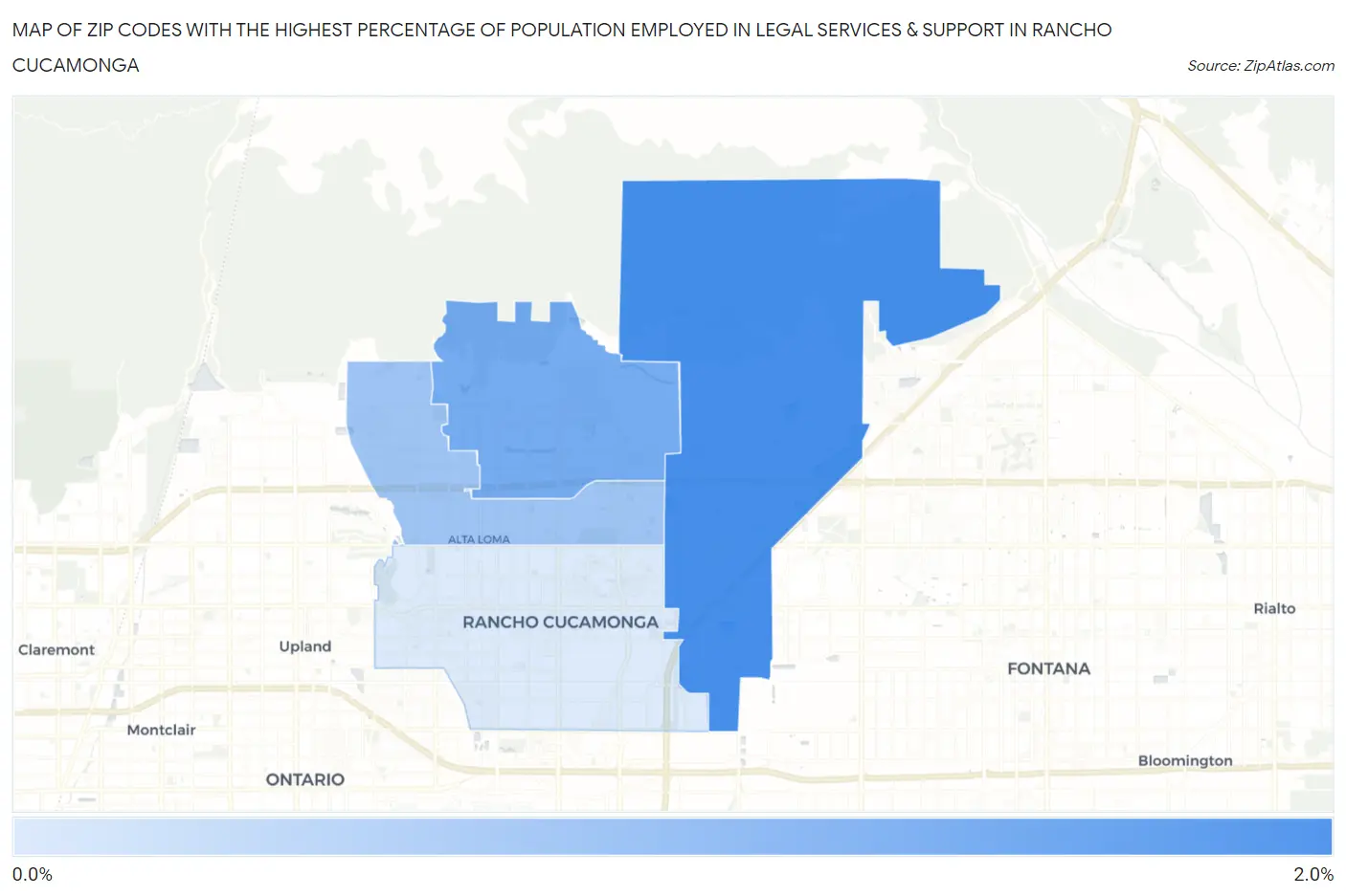 Zip Codes with the Highest Percentage of Population Employed in Legal Services & Support in Rancho Cucamonga Map