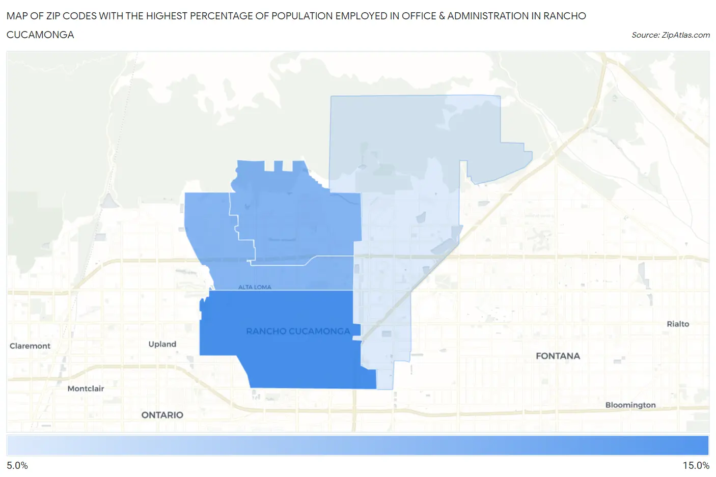 Zip Codes with the Highest Percentage of Population Employed in Office & Administration in Rancho Cucamonga Map