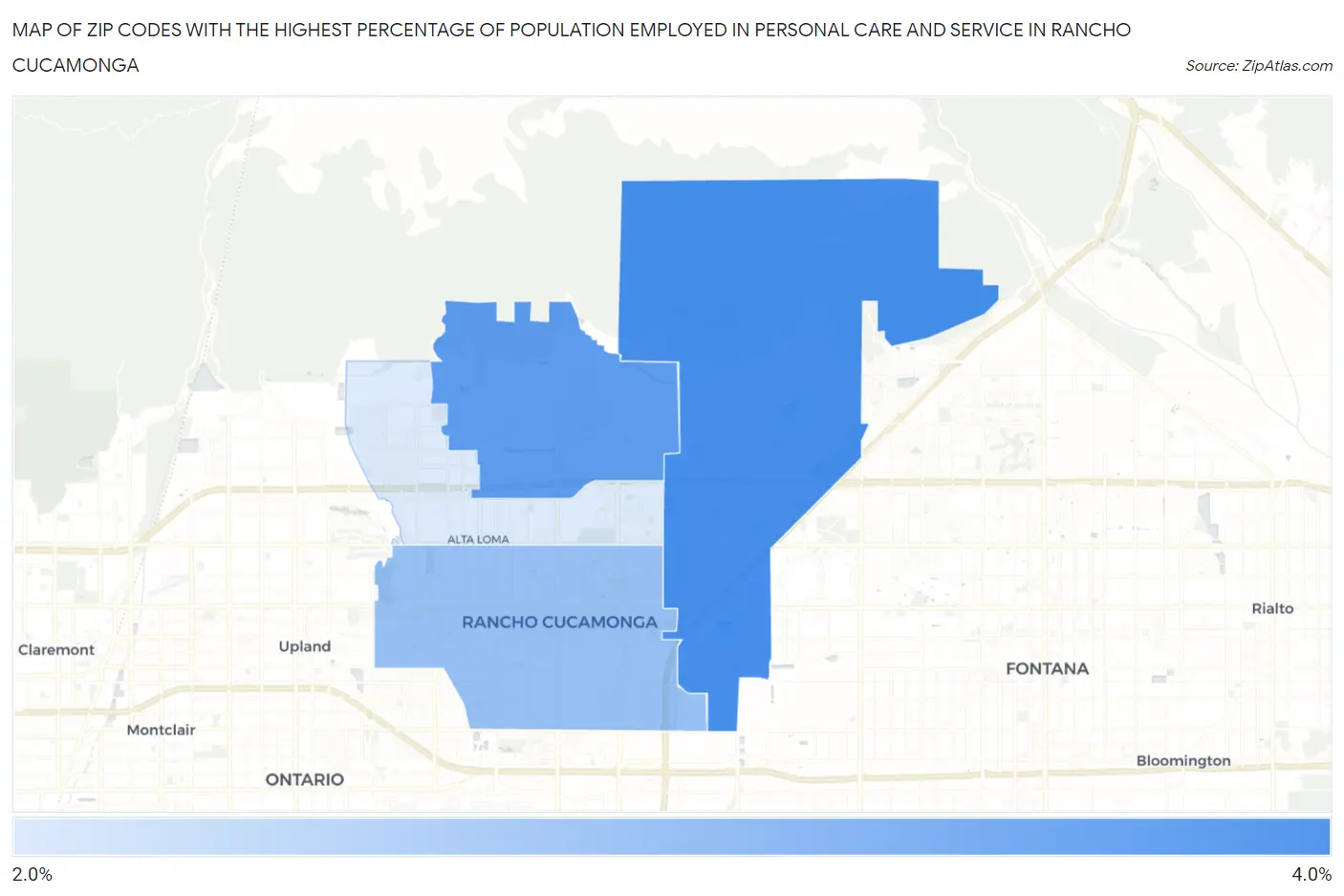Zip Codes with the Highest Percentage of Population Employed in Personal Care and Service in Rancho Cucamonga Map