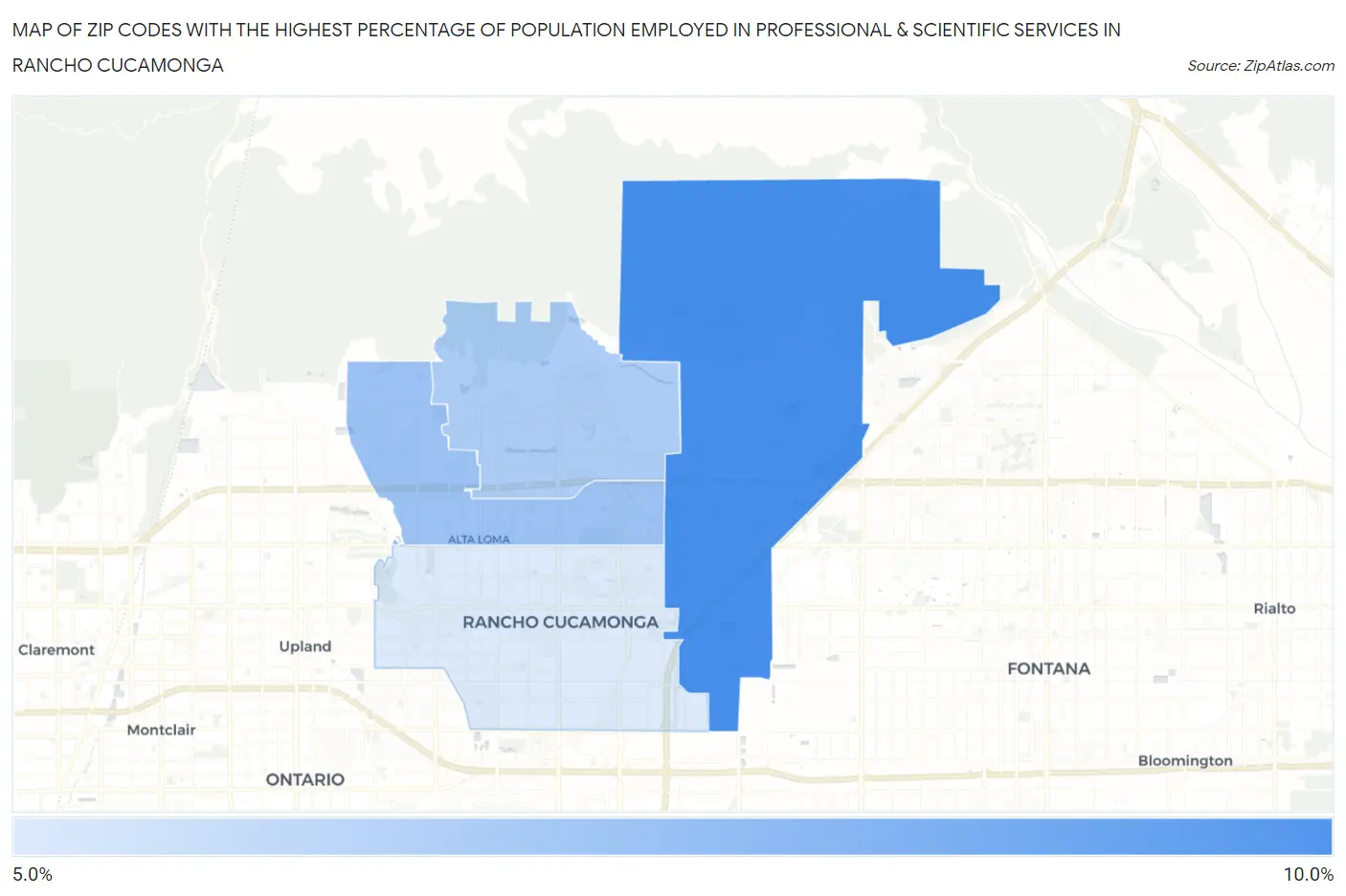 Zip Codes with the Highest Percentage of Population Employed in Professional & Scientific Services in Rancho Cucamonga Map