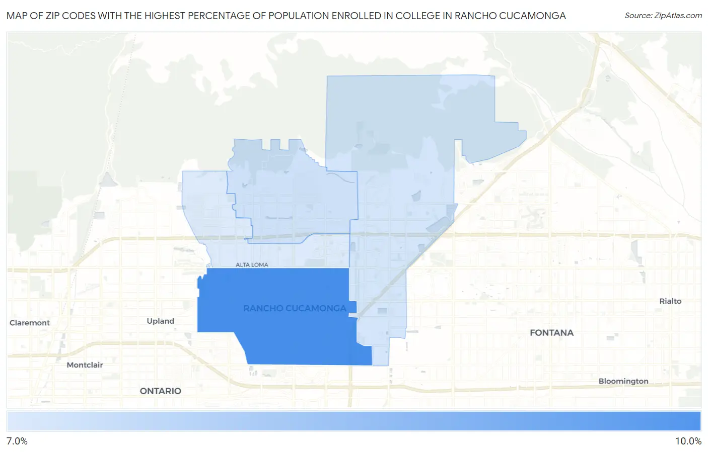 Zip Codes with the Highest Percentage of Population Enrolled in College in Rancho Cucamonga Map