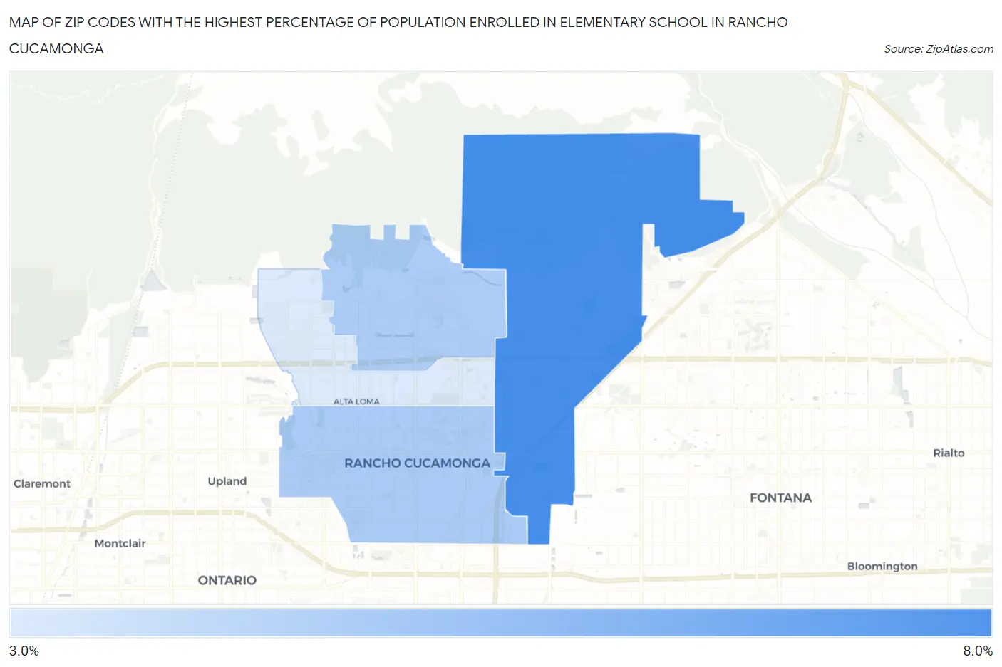 Zip Codes with the Highest Percentage of Population Enrolled in Elementary School in Rancho Cucamonga Map