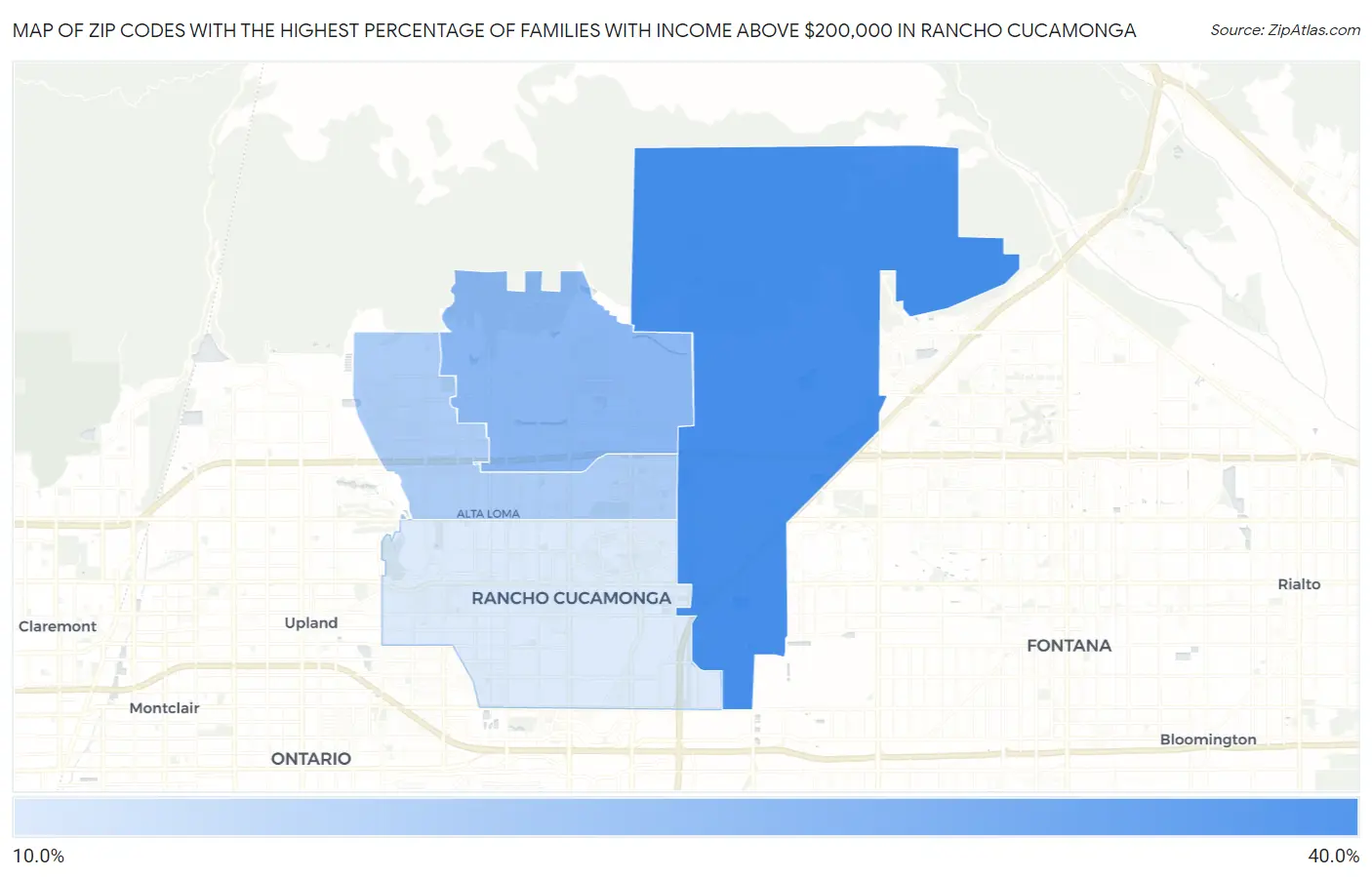 Zip Codes with the Highest Percentage of Families with Income Above $200,000 in Rancho Cucamonga Map