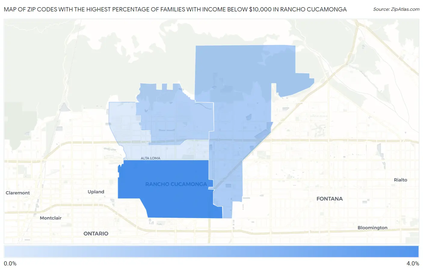 Zip Codes with the Highest Percentage of Families with Income Below $10,000 in Rancho Cucamonga Map