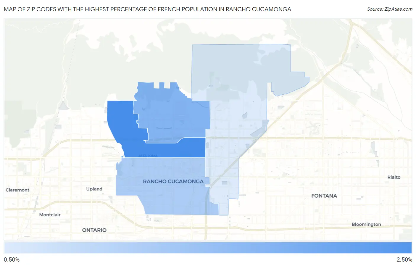 Zip Codes with the Highest Percentage of French Population in Rancho Cucamonga Map