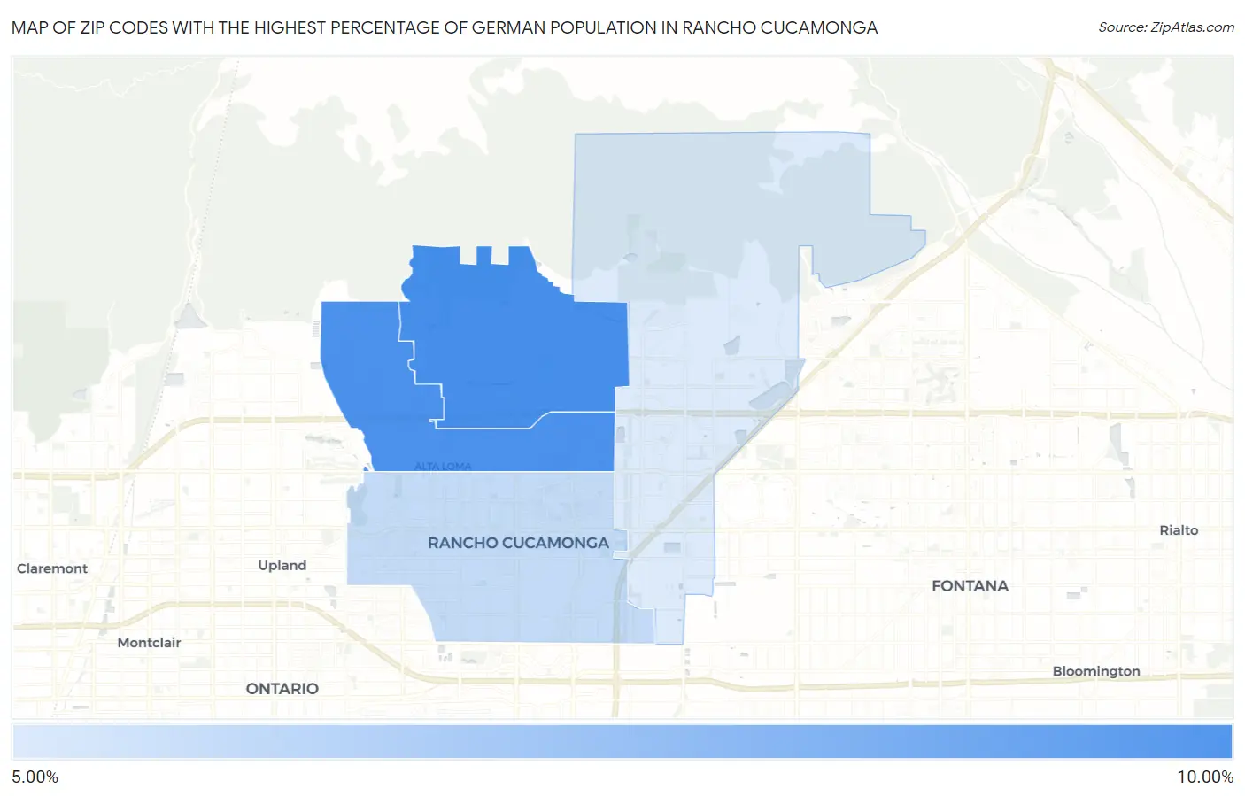 Zip Codes with the Highest Percentage of German Population in Rancho Cucamonga Map
