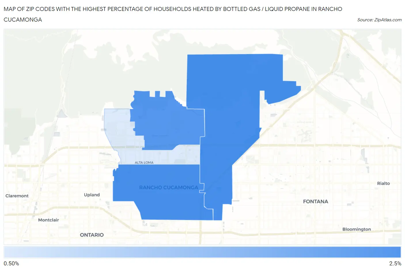Zip Codes with the Highest Percentage of Households Heated by Bottled Gas / Liquid Propane in Rancho Cucamonga Map
