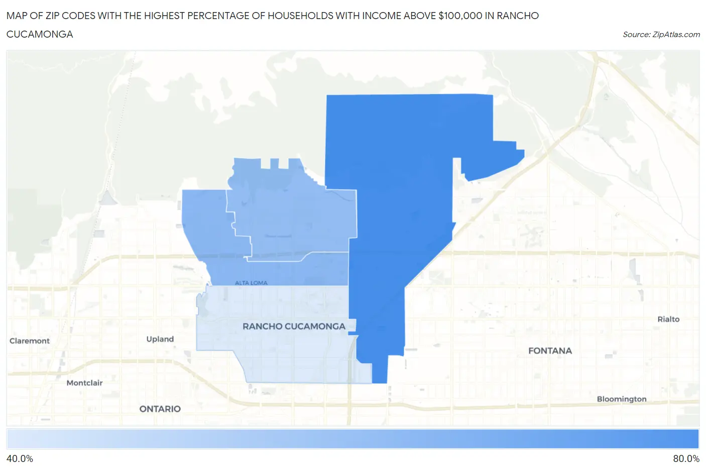Zip Codes with the Highest Percentage of Households with Income Above $100,000 in Rancho Cucamonga Map