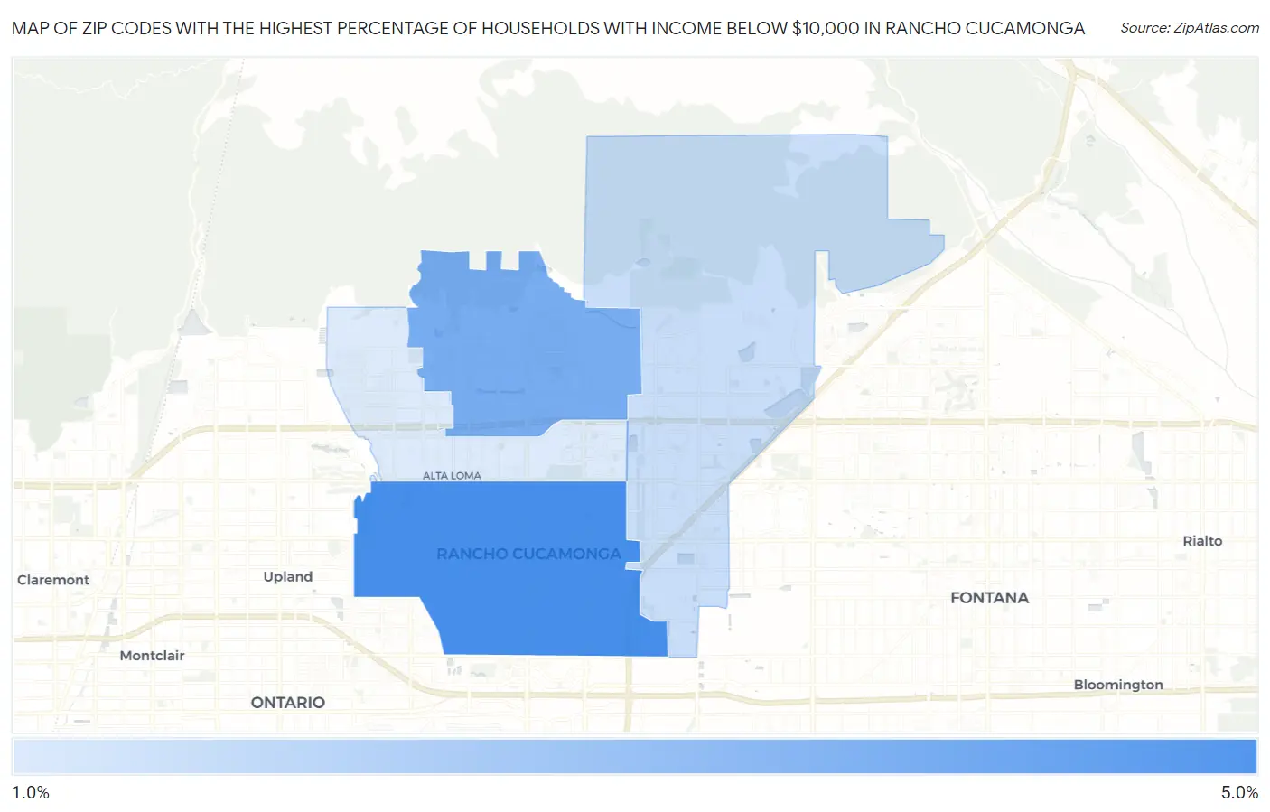 Zip Codes with the Highest Percentage of Households with Income Below $10,000 in Rancho Cucamonga Map