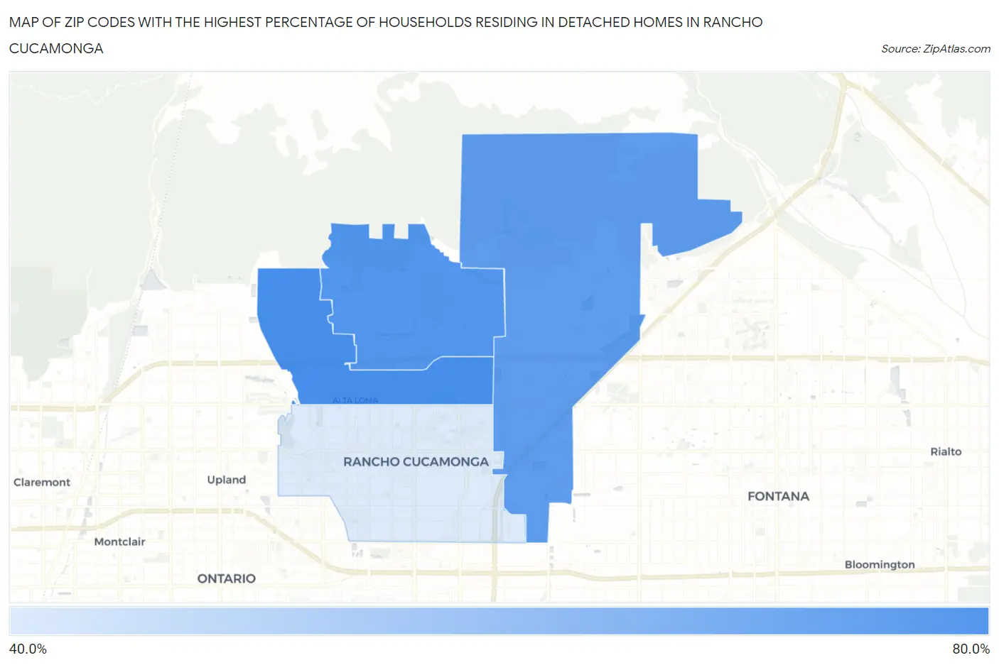 Zip Codes with the Highest Percentage of Households Residing in Detached Homes in Rancho Cucamonga Map