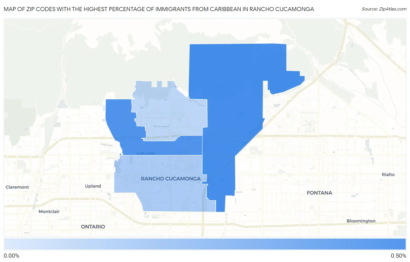 Zip Codes with the Highest Percentage of Immigrants from Caribbean in Rancho Cucamonga Map