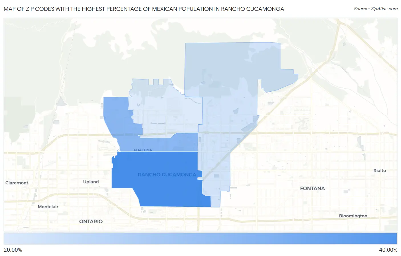 Zip Codes with the Highest Percentage of Mexican Population in Rancho Cucamonga Map