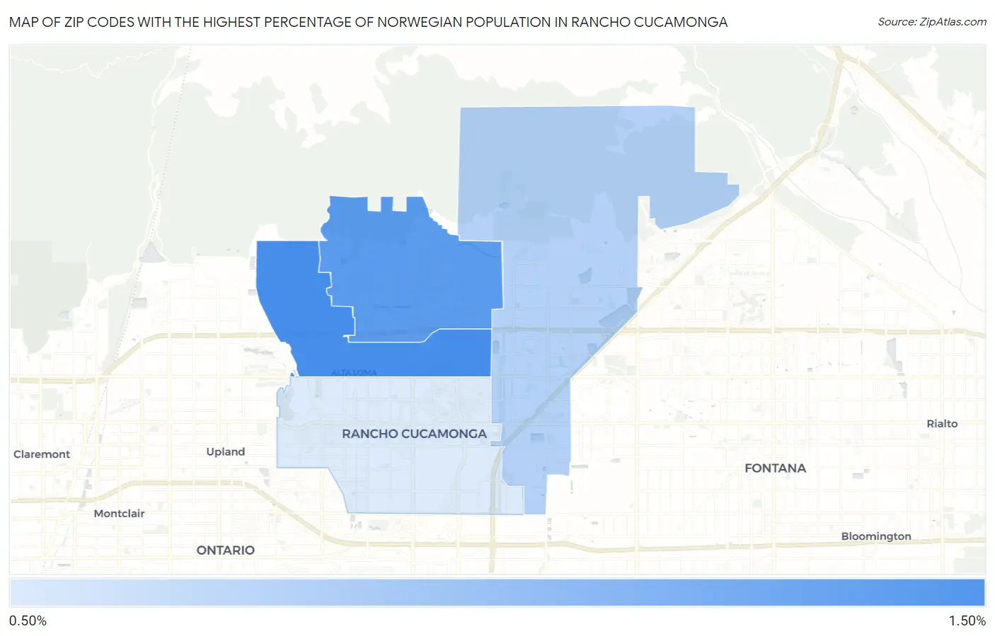 Zip Codes with the Highest Percentage of Norwegian Population in Rancho Cucamonga Map