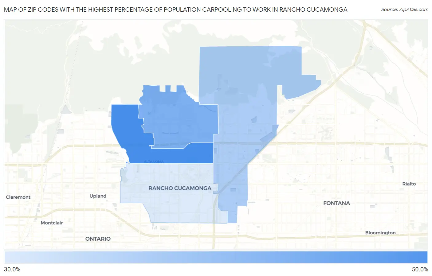Zip Codes with the Highest Percentage of Population Carpooling to Work in Rancho Cucamonga Map
